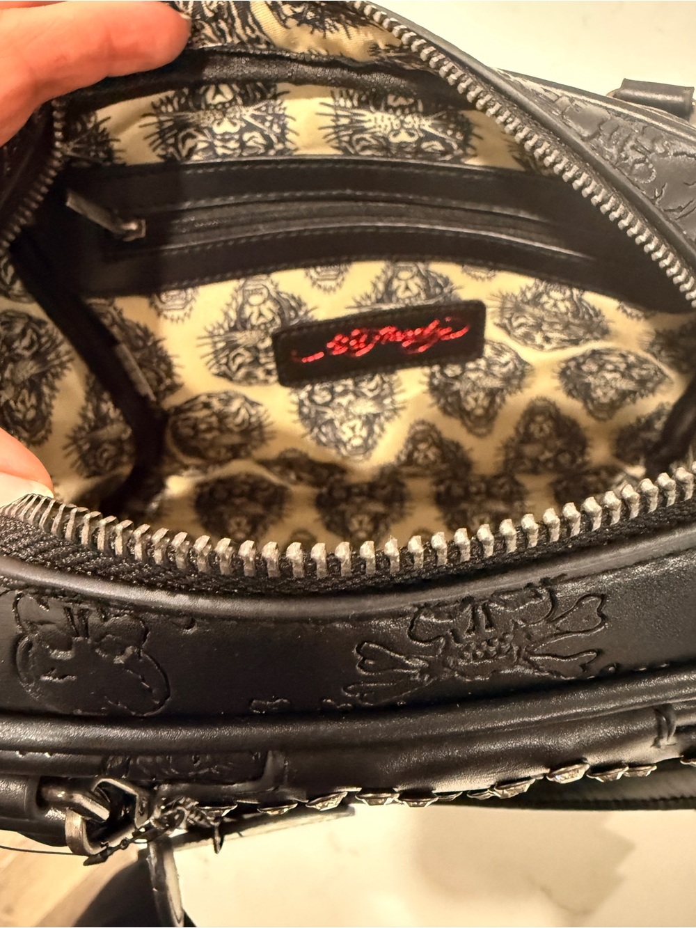 Ed Hardy Black Embossed Satchel with Colorful Skull Charms - Picture 4 of 6